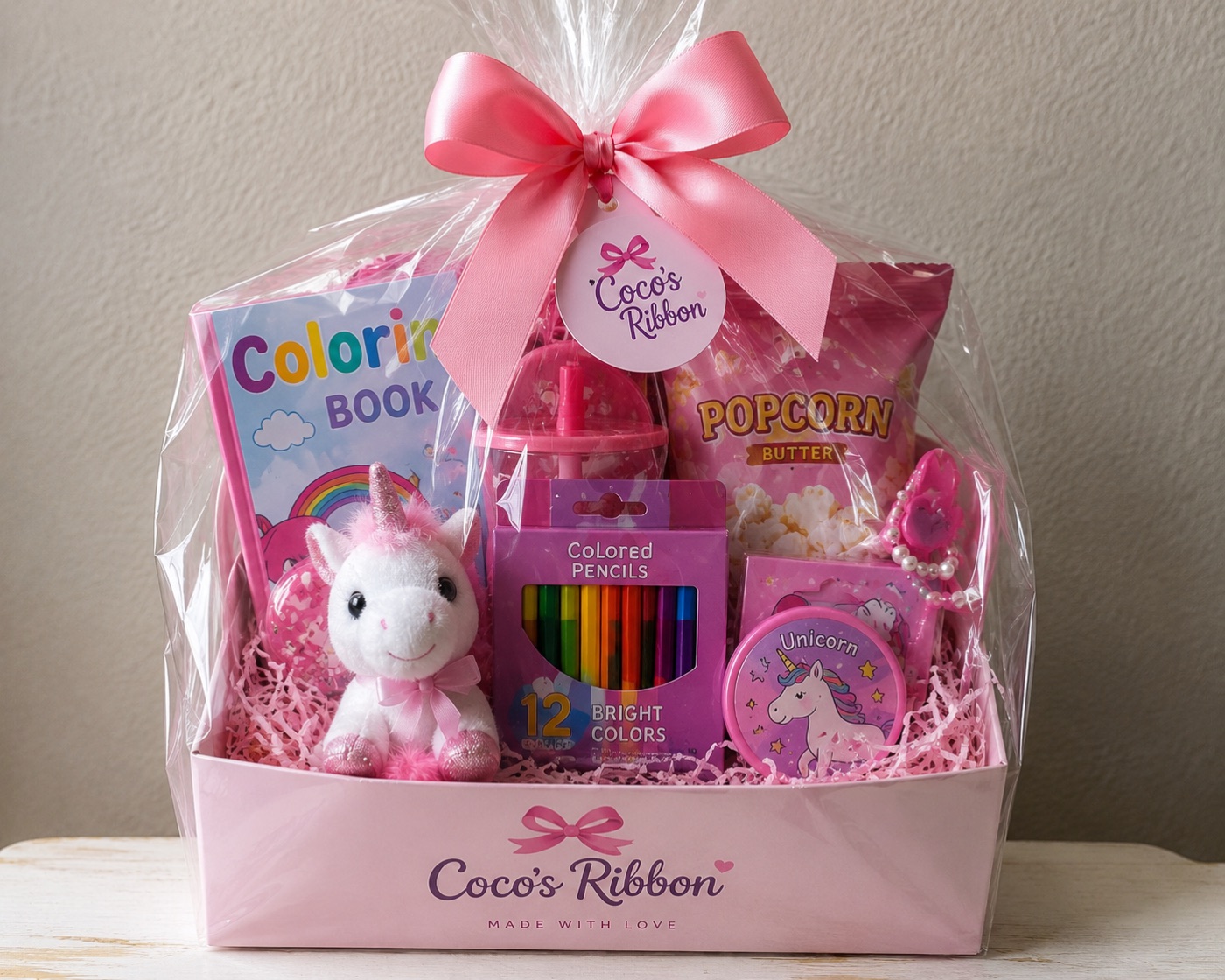 Unicorn-themed kids gift basket