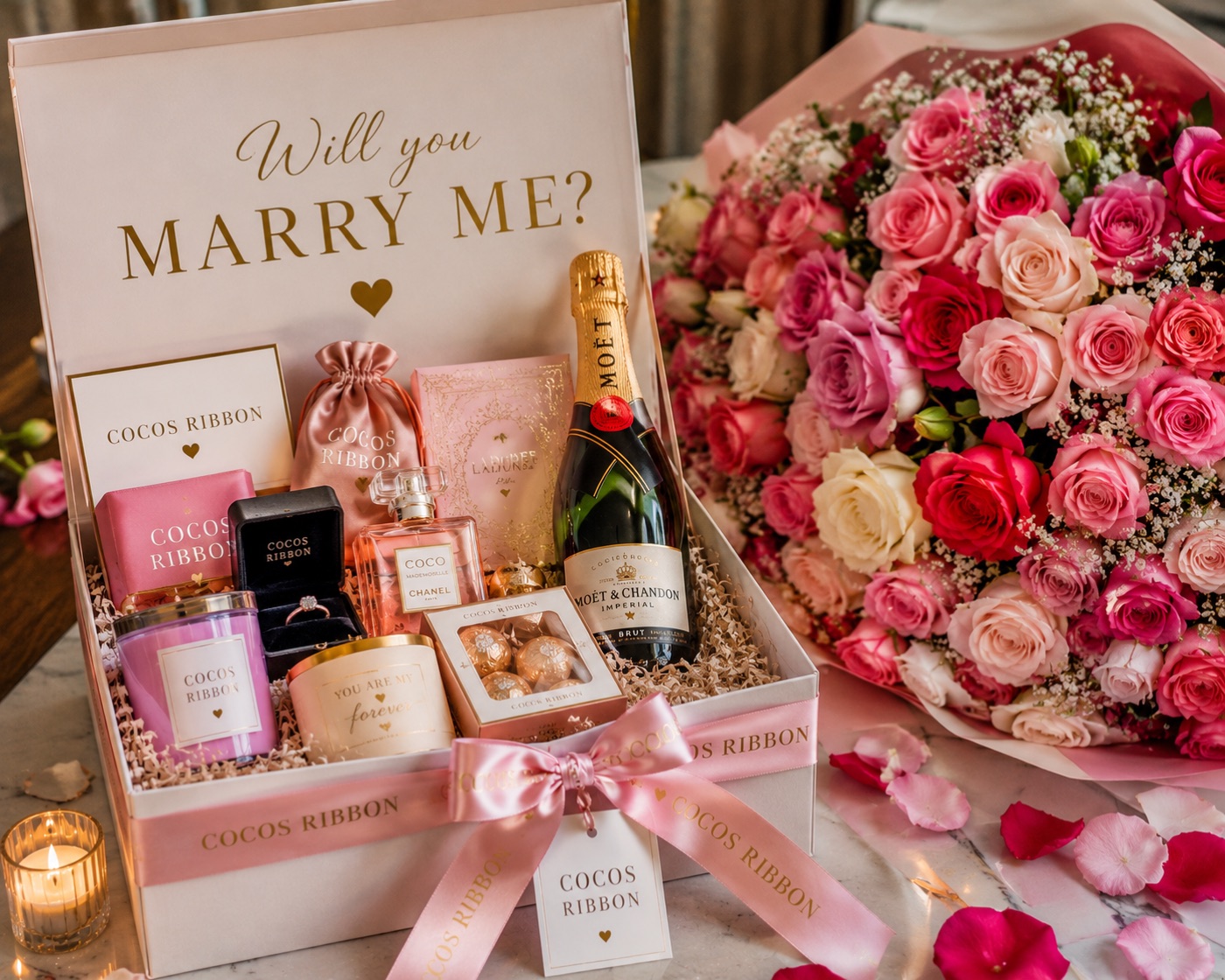“Will you marry me?” proposal box with champagne and roses
